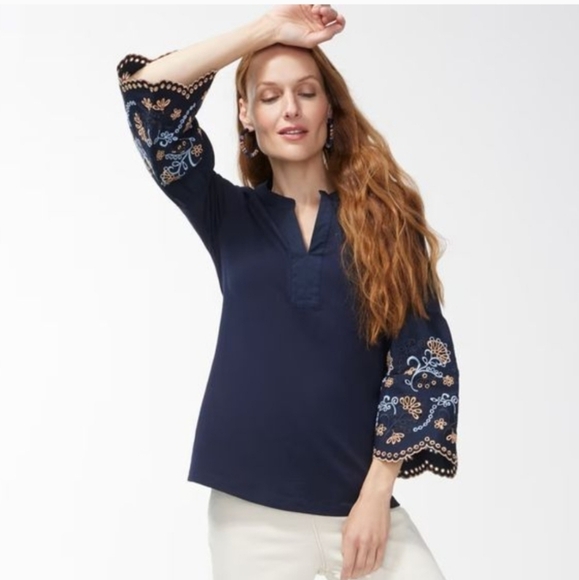 Chico's, Navy Blue Notch Neck Embroidered Eyelet Bell Sleeve Top, Size Large 2 - Picture 11 of 11